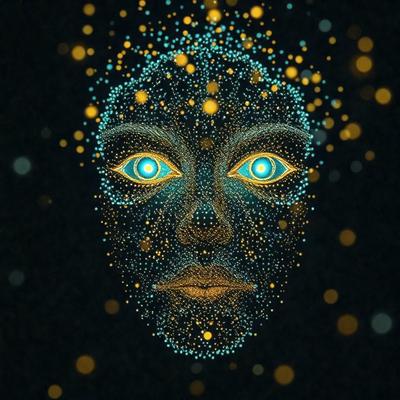 The primary subject of the image is a close-up of a face with blue eyes and a yellow nose. The face is surrounded by a blue and yellow background, giving the image a vibrant and lively appearance. The visual style of the image is digital art, as it is a computer-generated representation of a face. The dominant colors in the image are blue and yellow, creating a warm and inviting atmosphere.